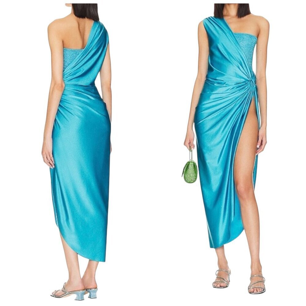 Baobab Nikka One Shoulder Draped Midi Dress Blue NWT Small